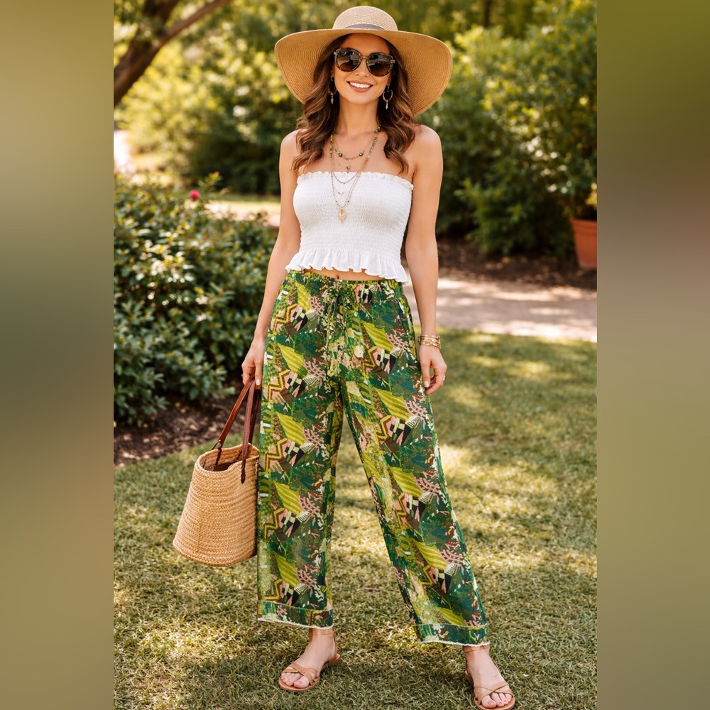 Haute Hippie Green Tropical Print Wide Leg Pants